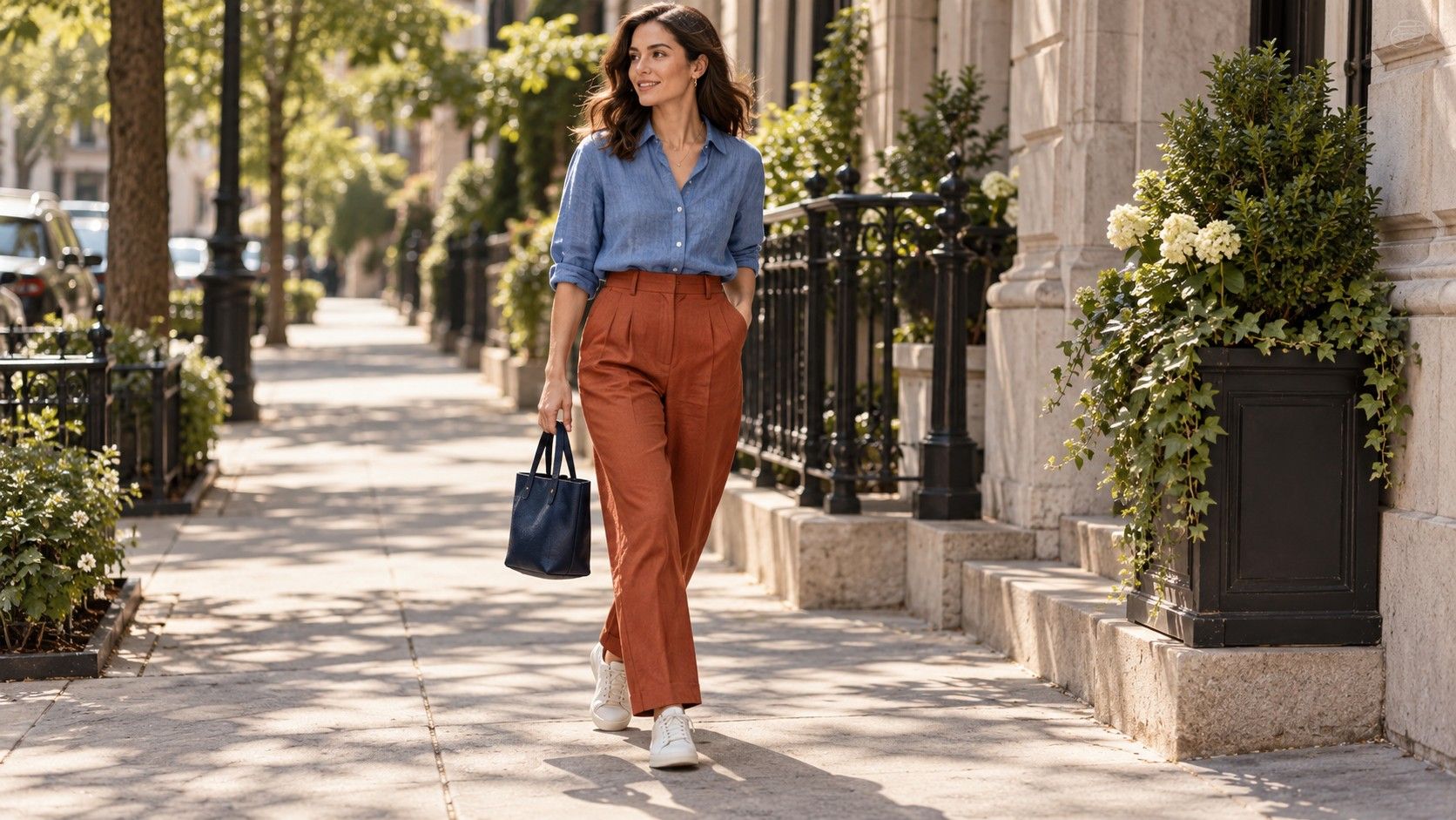 Teal knit, navy trousers, and rust scarf arranged for an everyday outfit