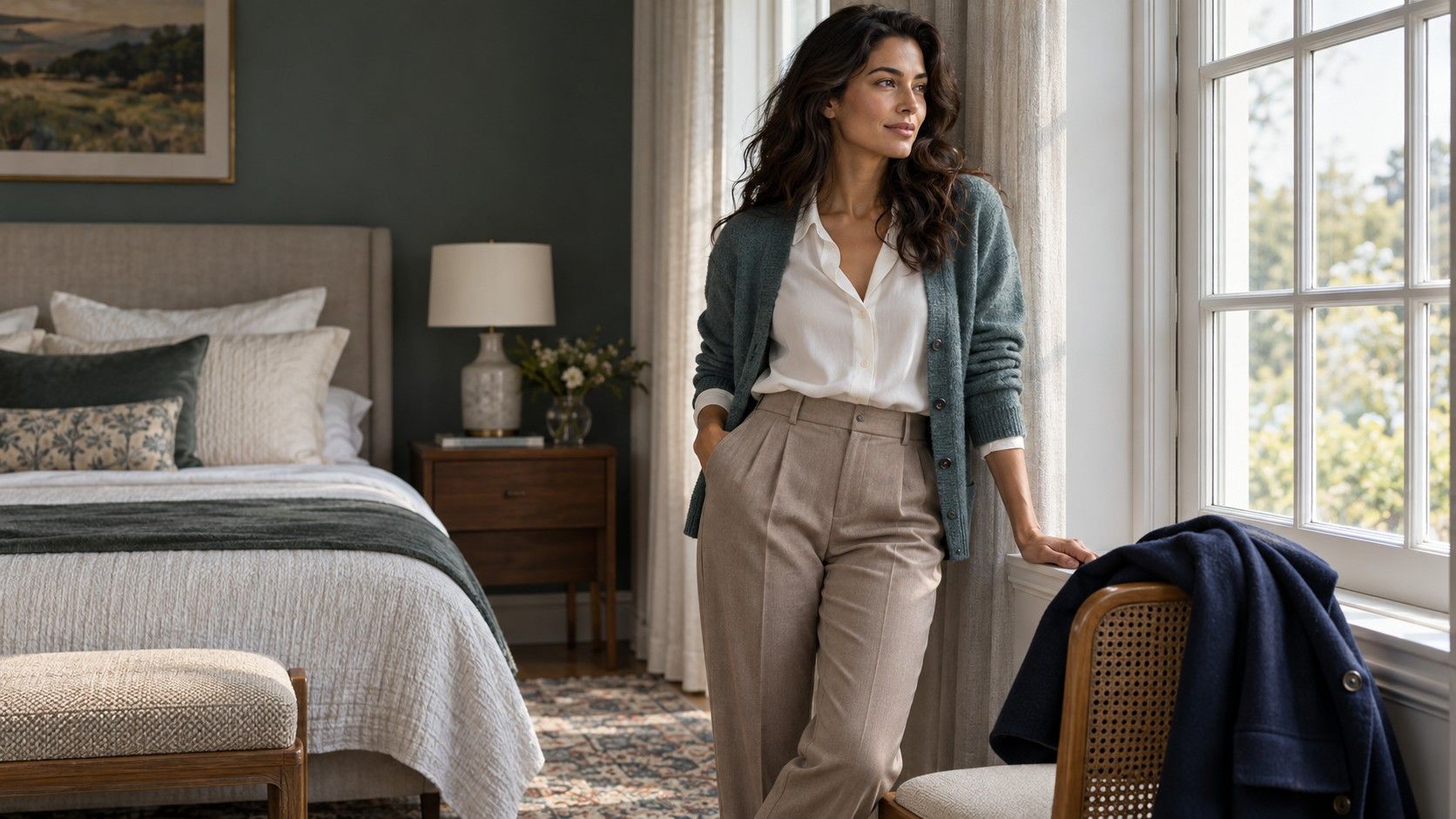 Navy trousers with soft white, rose, and teal tops beside a window