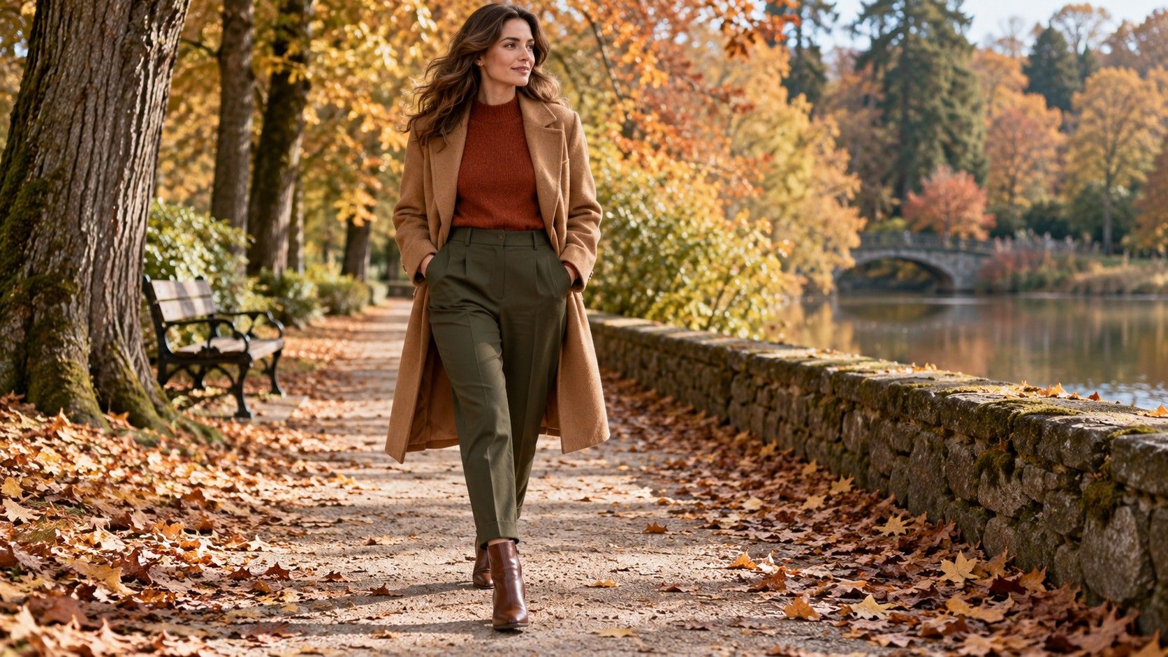 Olive trousers and rust knit with a camel coat